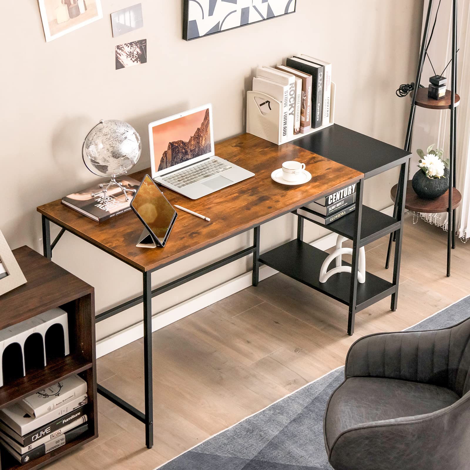 55” Computer Desk, Large Home Office Desk with 2-Tier Storage Shelvesud