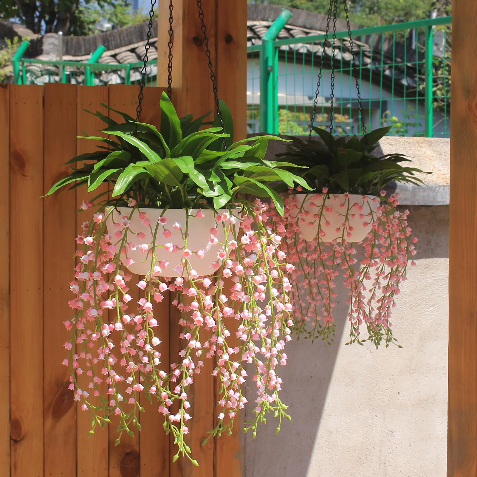 2-Pack Artificial Hanging Lily of The Valley - Pink Faux Flowers UV Resistant Fake Plants
