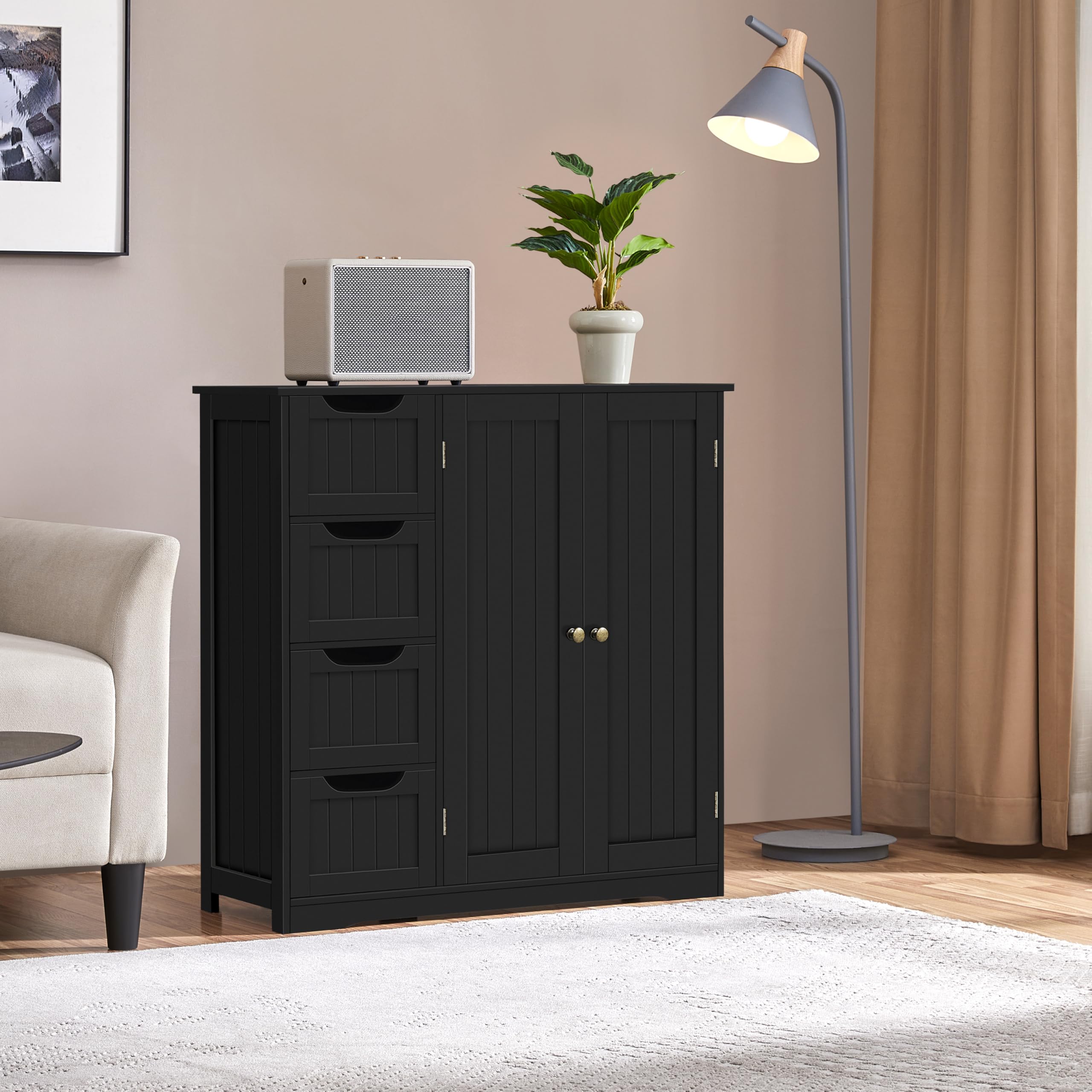 Wooden Bathroom Floor Cabinet, Side Storage Organizer Cabinet with 4 Drawers