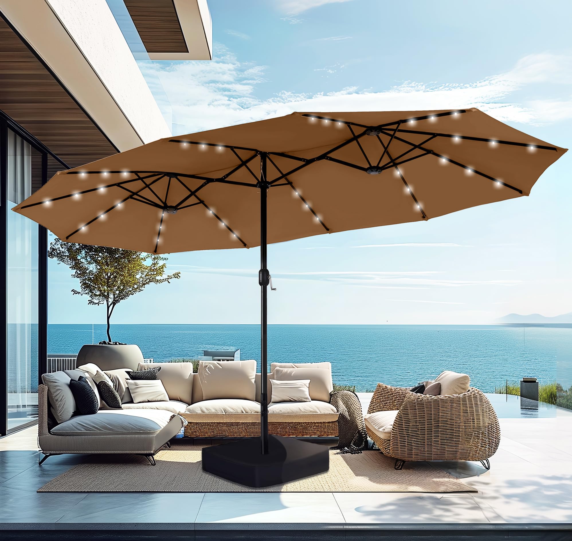 15ft Large Patio Umbrella with Solar Lights, Double-Sided Outdoor Market Rectangle