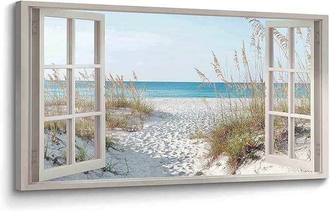 Window Beach Wall Art Prints: Modern Large Tropical Coastal Landscape Canvas