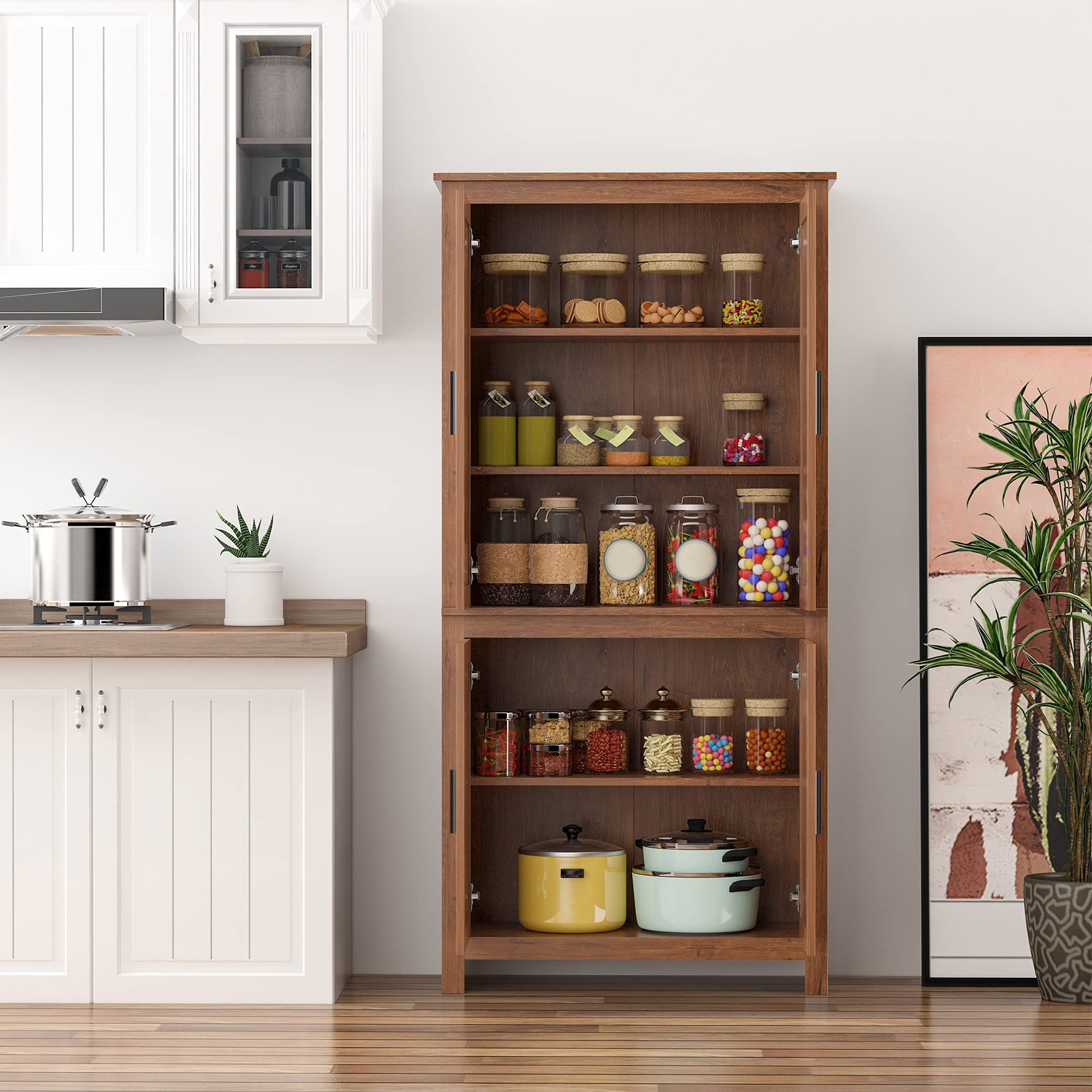 64" Kitchen Pantry Cabinet, Freestanding Storage Cabinet with 4 Doors
