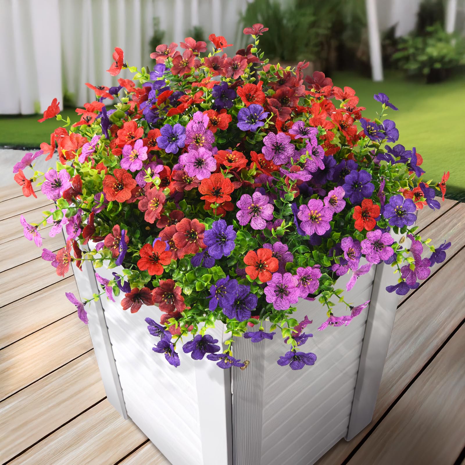 Homsunny Artificial Fake Flowers Plants Outdoors Spring Decor, Faux Flowers Silk Daisy Eucalyptus Plants UV Resisitant for Outside Planter Pot Front Porch Garden Patio Decoration(12 Bundles)