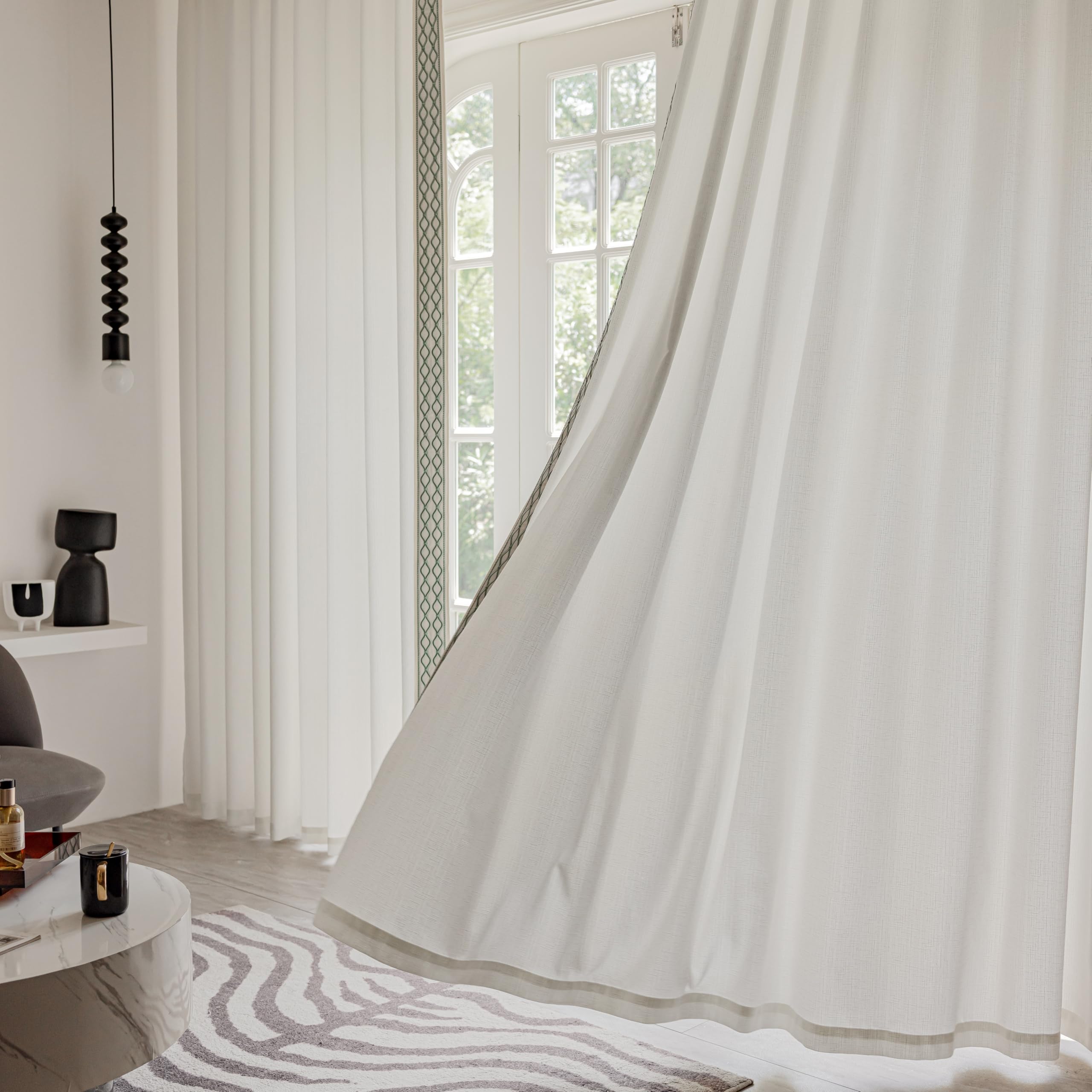 White Linen Curtain Panels with Embroidered Trim Design, Pinch Pleat Curtains