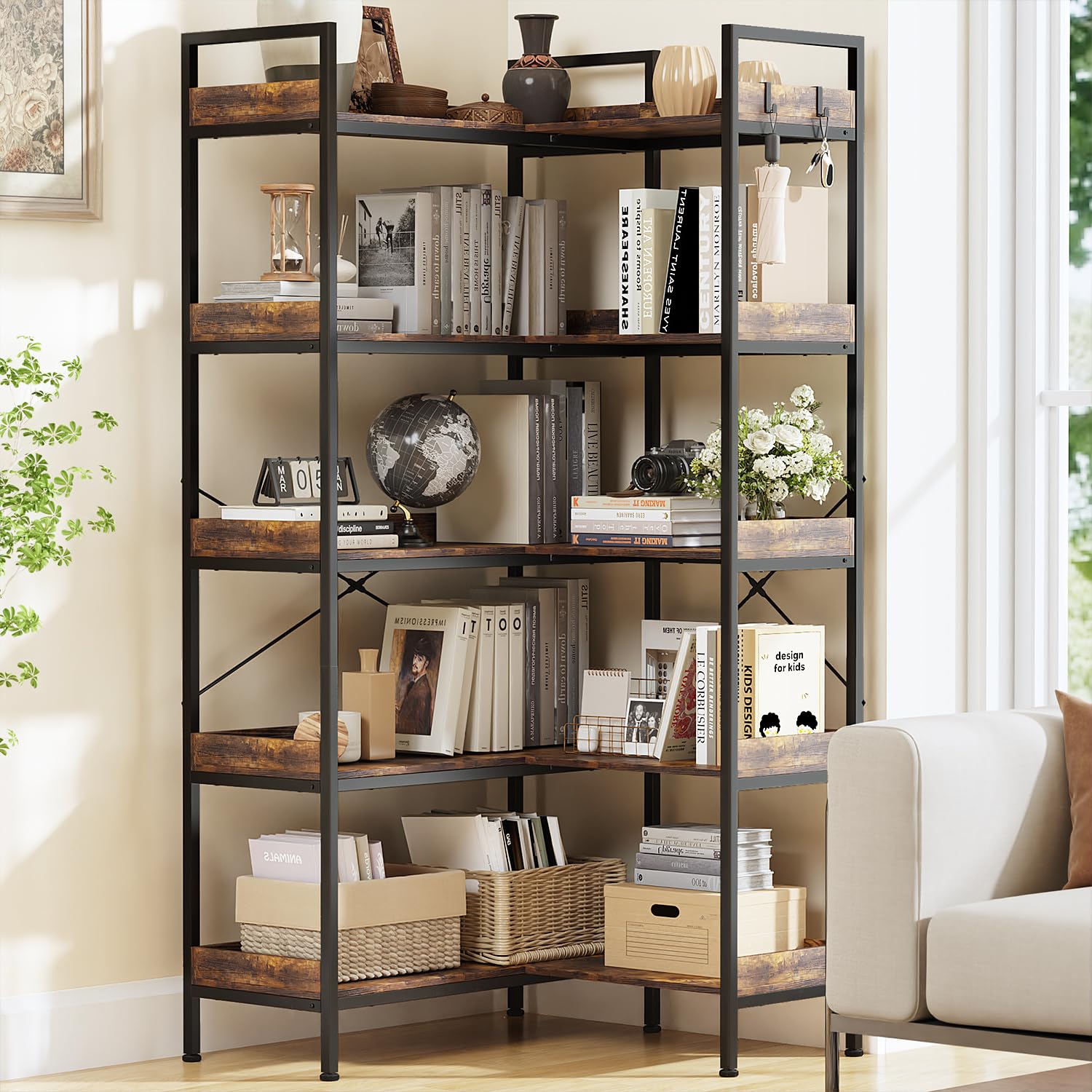 5-Tier Bookshelf Reversible,Corner Bookcase 4 Hooks