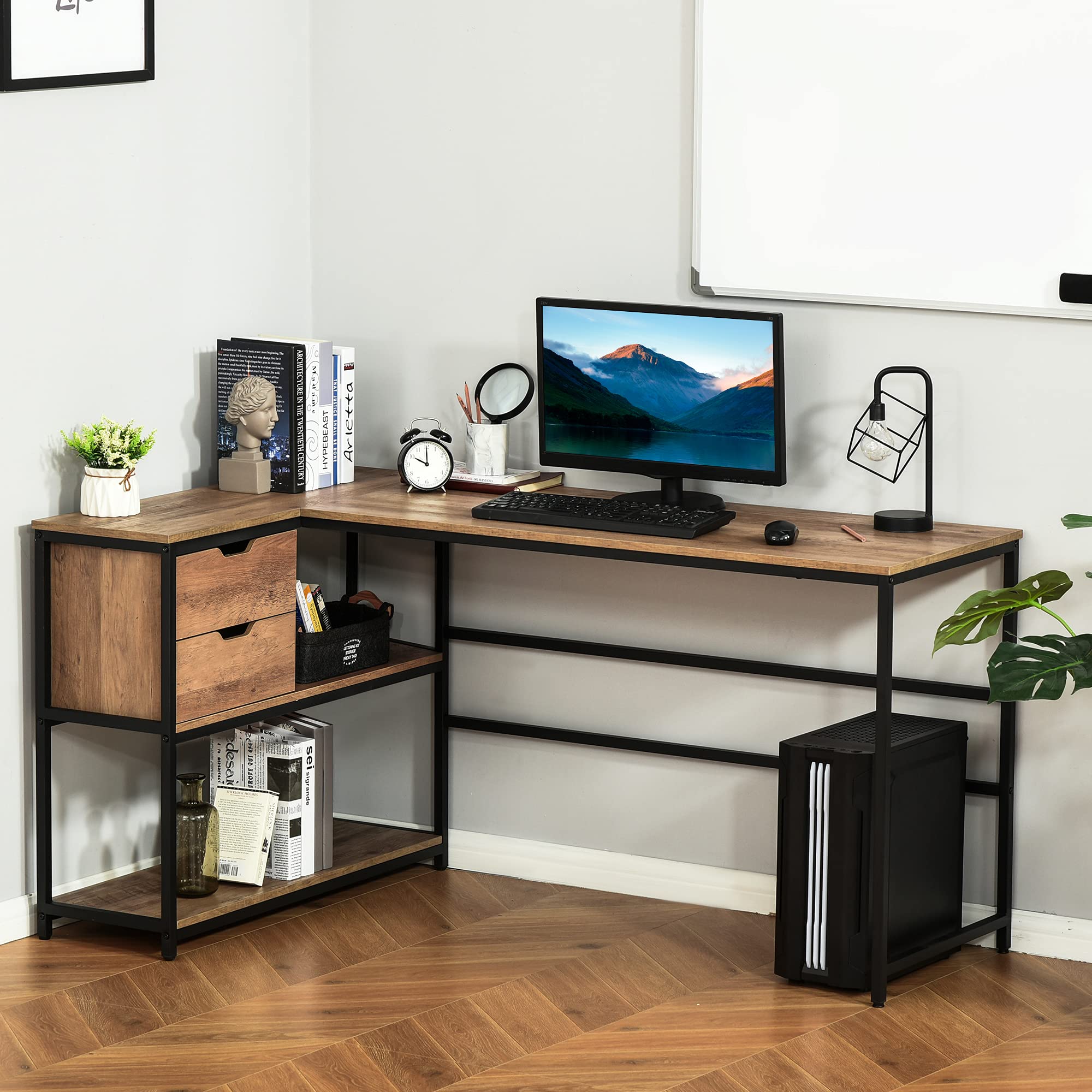 L-Shaped Home Offie Computer Desk with Storage Shelves