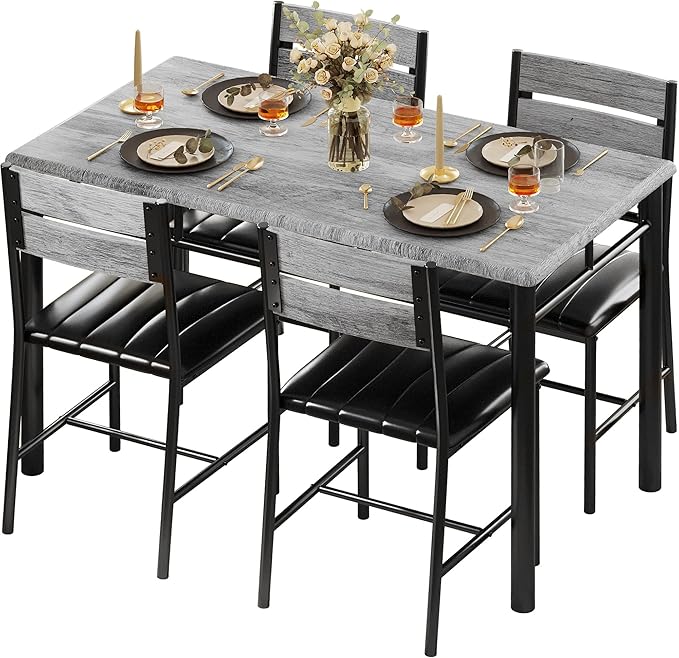 Dining Table Set for 4, Wood Kitchen Table with Upholstered Chairs for Kitchen