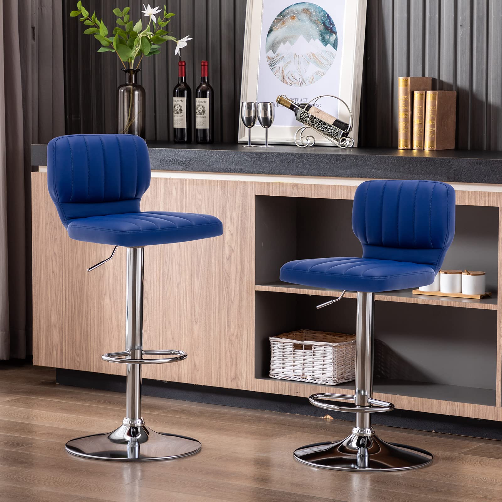 Brage Living Adjustable Bar Stools Set of 2, Modern PU Leather Swivel Barstools with Back, Armless Airlift Counter Height Bar Chairs for Kitchen Dining Pub Cafe (Blue)
