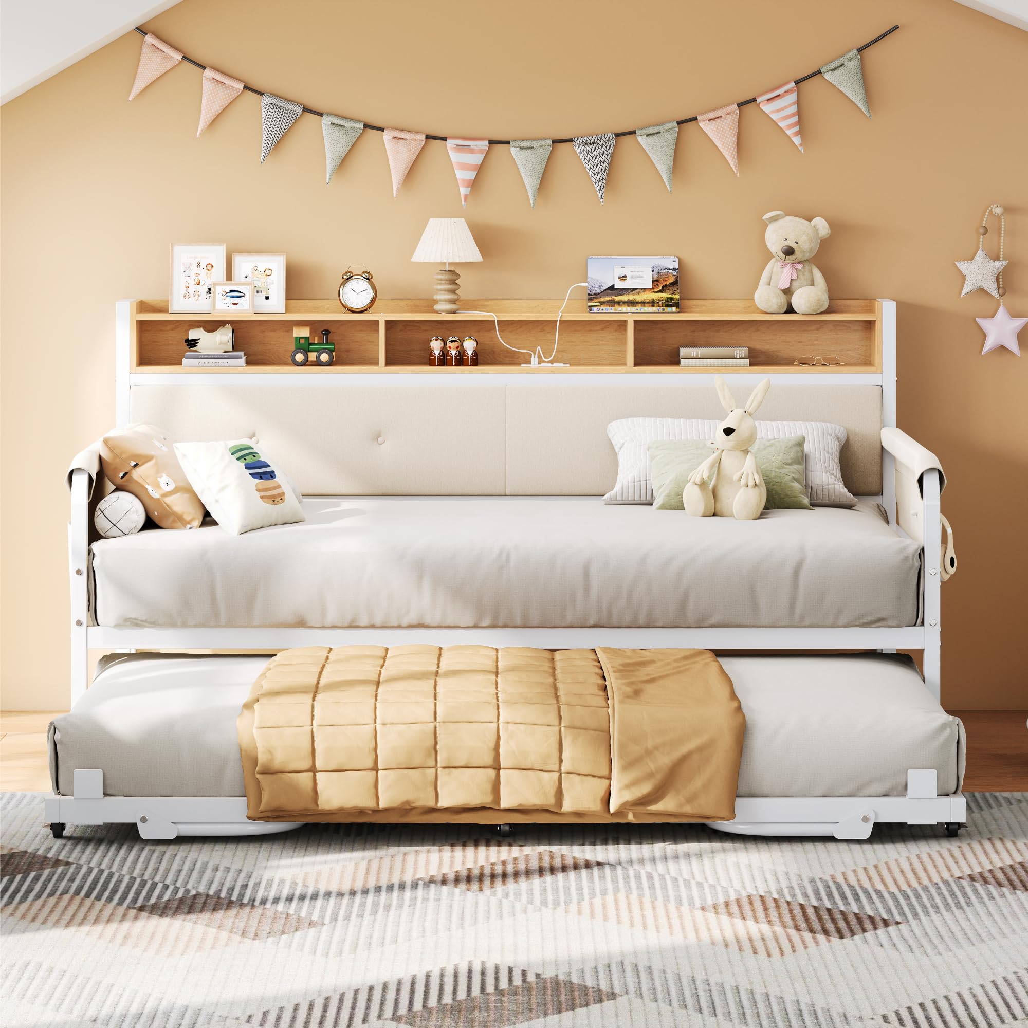 Daybed with Trundle, Twin Bed Frame with Upholstered Headboard and Charging Station
