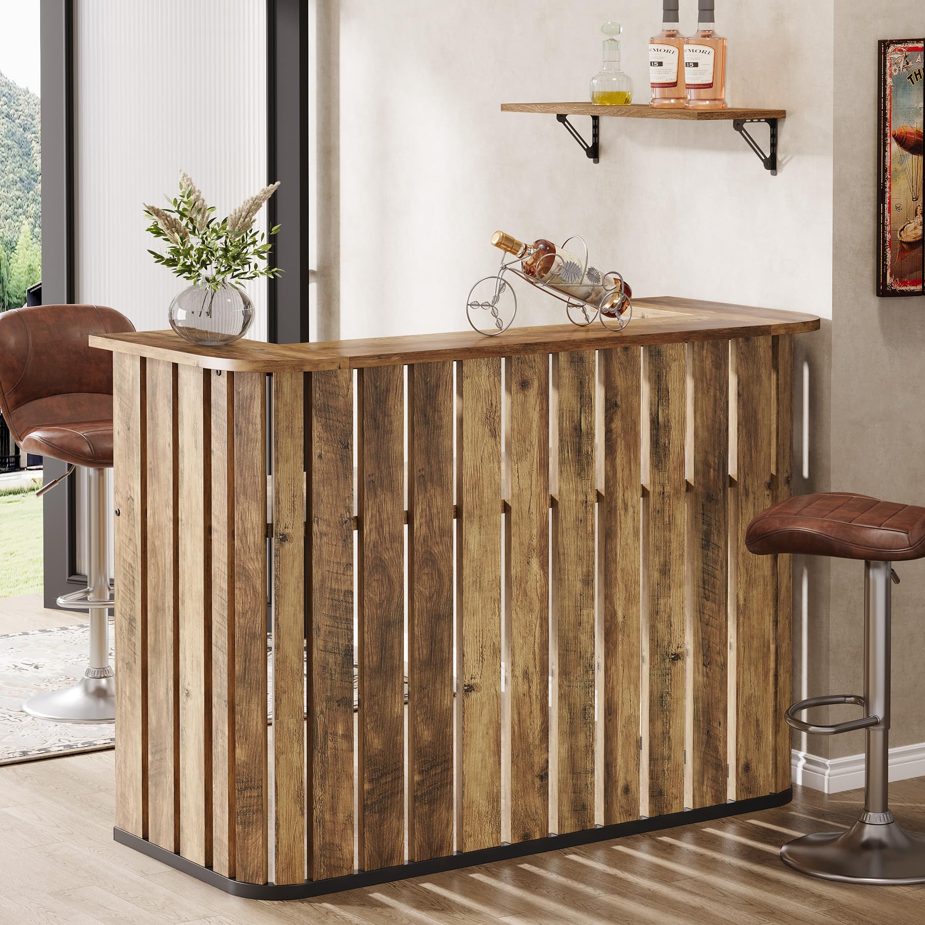 63-Inch Home Bar Unit, Farmhouse Liquor Bar Table with Storage Shelves