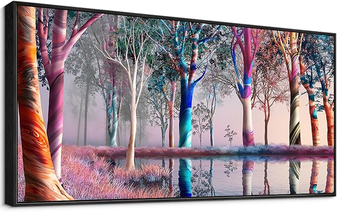 Canvas Wall Art - Fantasy Wooded Wild Lakes Red Pink Room Decor Rainbow Artwork Framed Picture for Living Room Bedroom Paintings Decoration