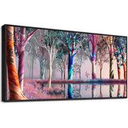 Canvas Wall Art - Fantasy Wooded Wild Lakes Red Pink Room Decor Rainbow Artwork Framed Picture for Living Room Bedroom Paintings Decoration