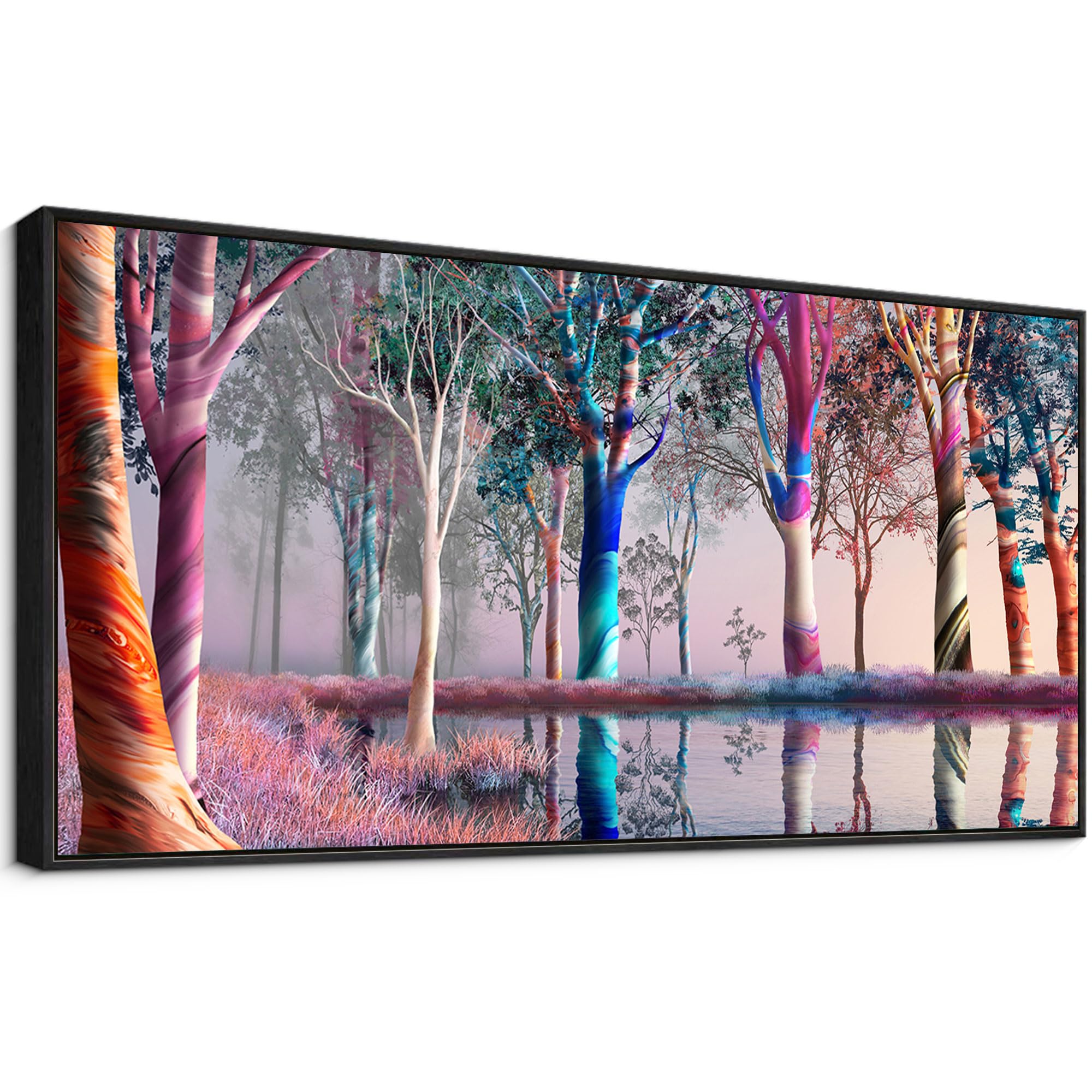Canvas Wall Art - Fantasy Wooded Wild Lakes Red Pink Room Decor Rainbow Artwork Framed Picture for Living Room Bedroom Paintings Decoration