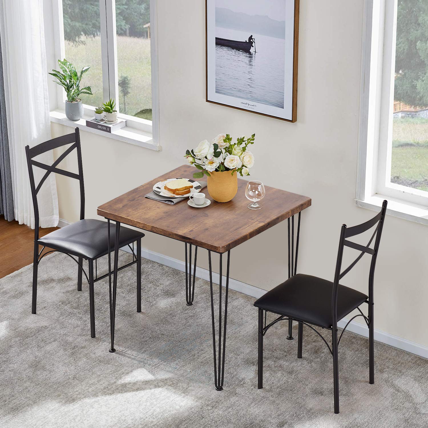 3 Piece Kitchen Dining Room Table and Chairs Set for Dinette, Breakfast Nook