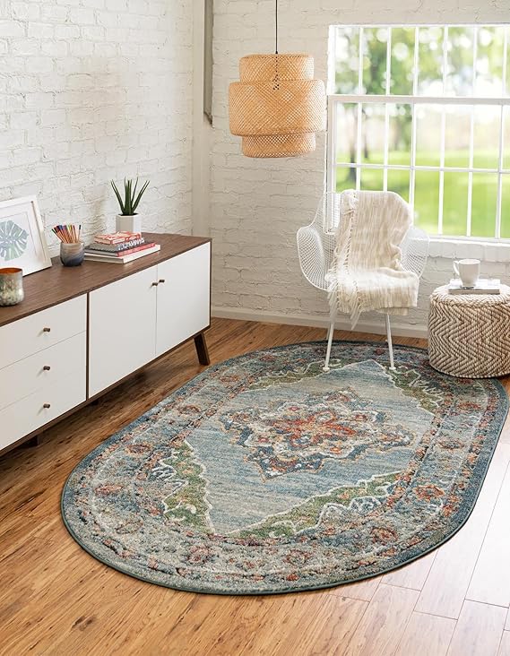 Isabella Collection Area Rug - Rossellini (4' 1" x 6' 1" Oval, Blue/ Beige)