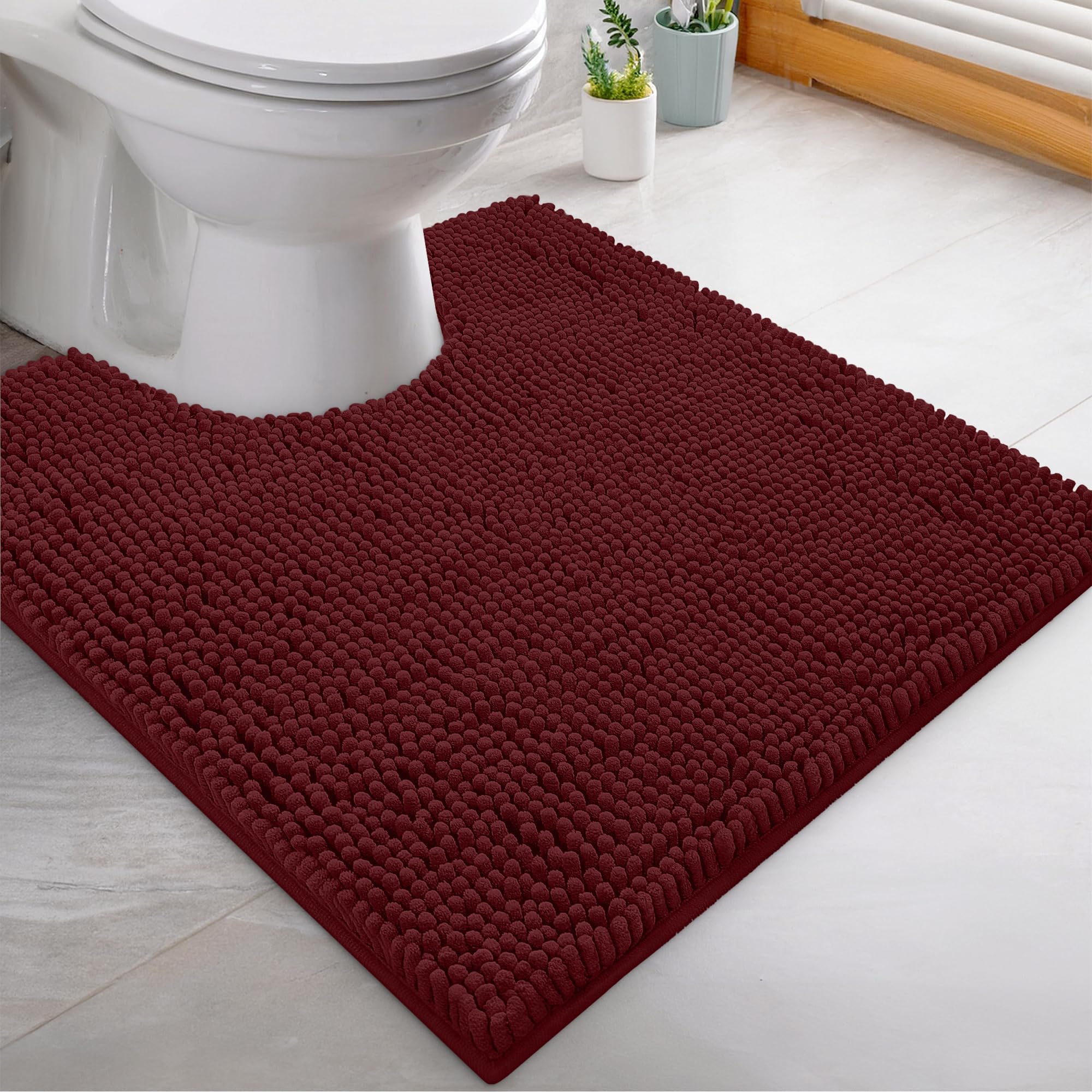 LuxUrux 4-Piece Bathroom Rug Set - Soft Chenille Mats, Non-Slip Toilet Mat & Lid Cover for Comfort & Style (20x20 U, 16x24, 20x30 & 19x19 inches, Burgundy)