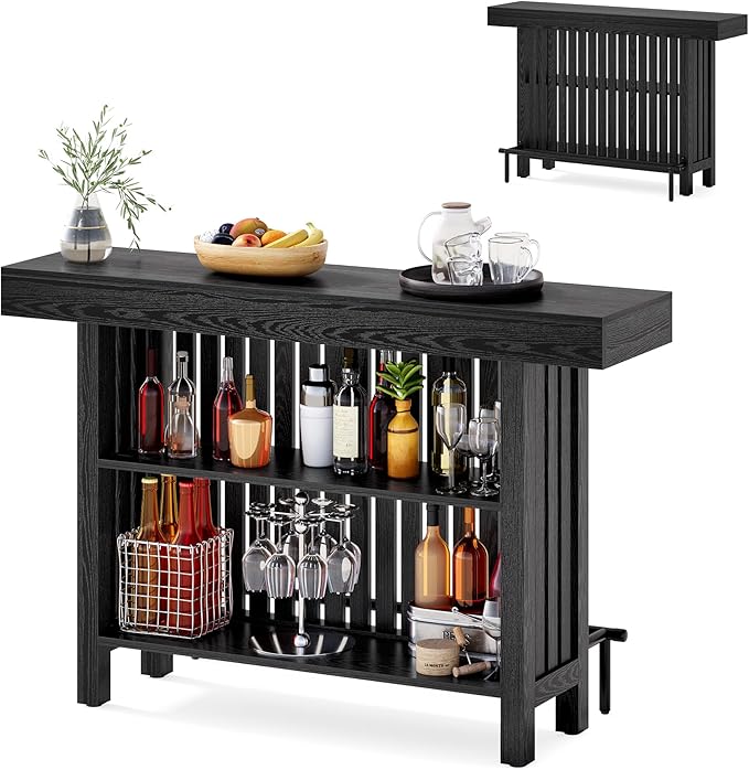63-Inch Home Bar Table, 2-Tier Storage Shelf Mini Bar Unit, Kitchen Pub Table