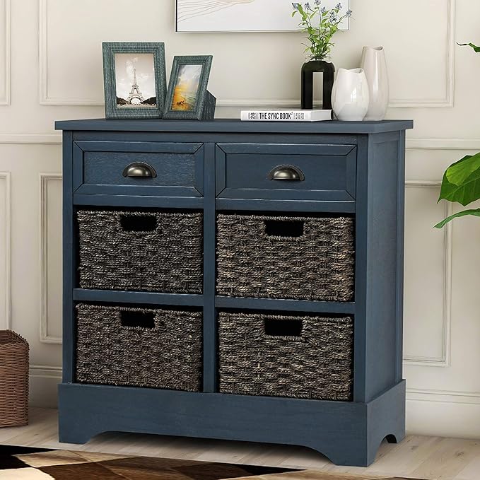 Storage Cabinet Retro Style Storage Unit with 2 Drawers and 4 Baskets for Home Entryway