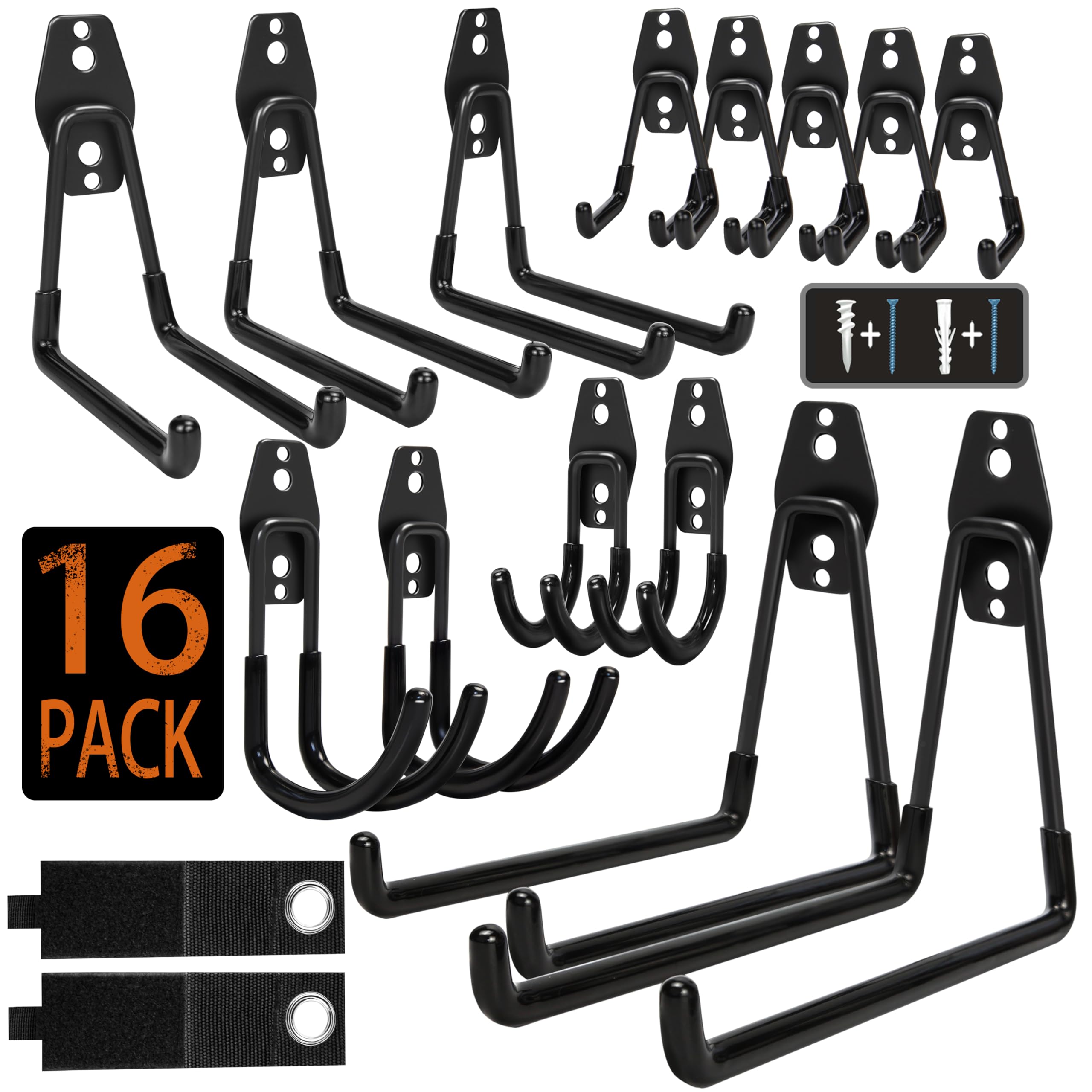 Steel Garage Storage Hooks - 16 Pack Anti-Slip Coating, Heavy Duty Wall Mount Hooks