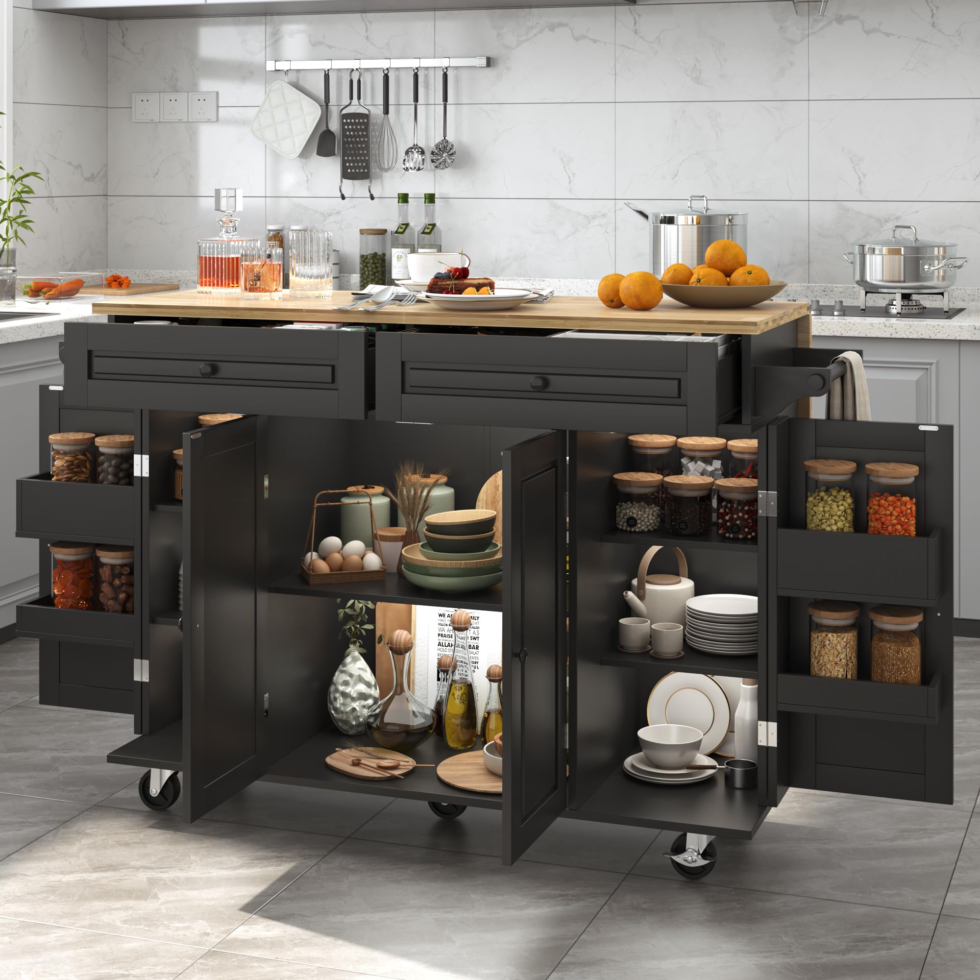 55" Kitchen Cart with Wood Top and Drop Leaf Breakfast Bar