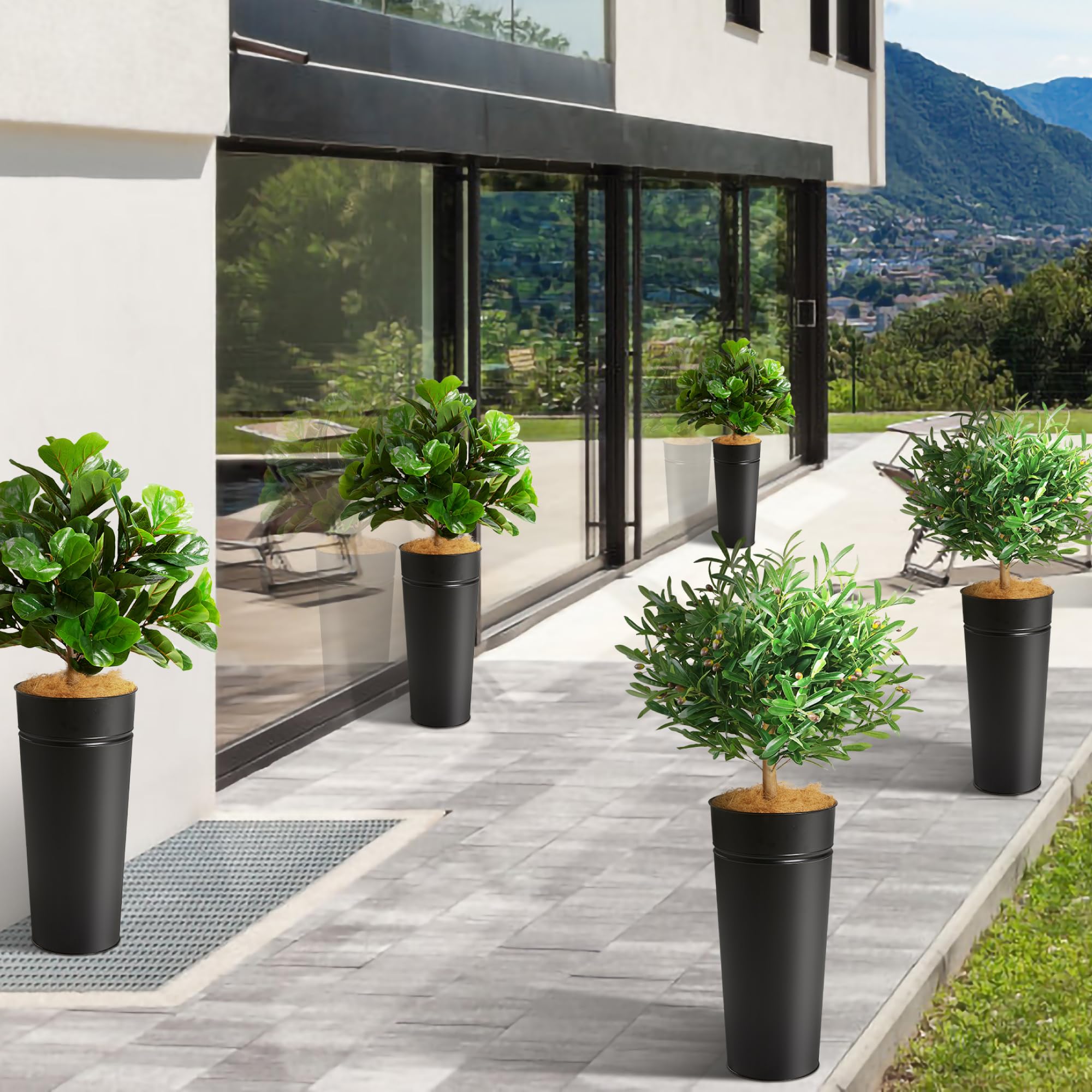28" Black Metal Planter Combo Set with Artificial Olive Tree & Fiddle Leaf Fig Tree