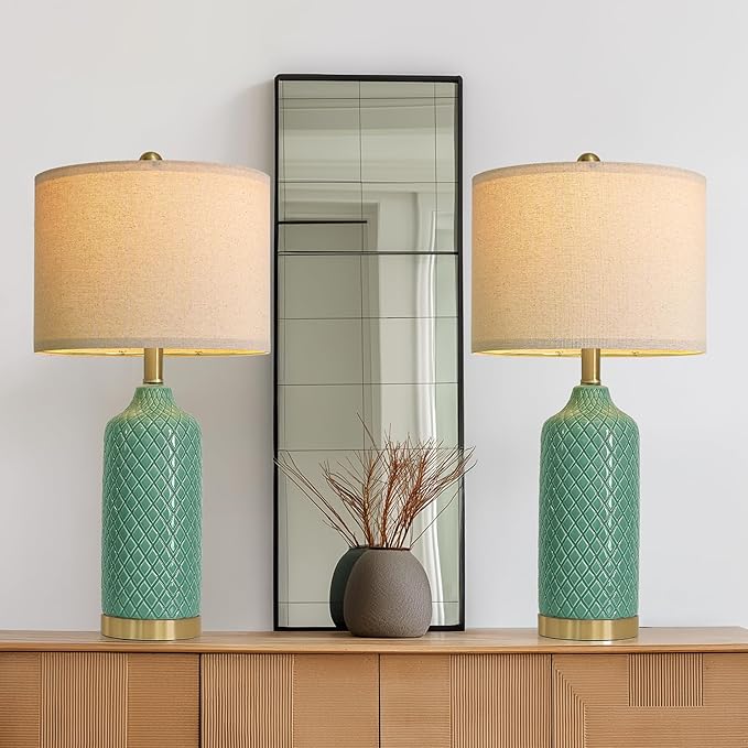 Modern Ceramic Blue Table Lamps Set of 2 for Living Room, Farmhouse