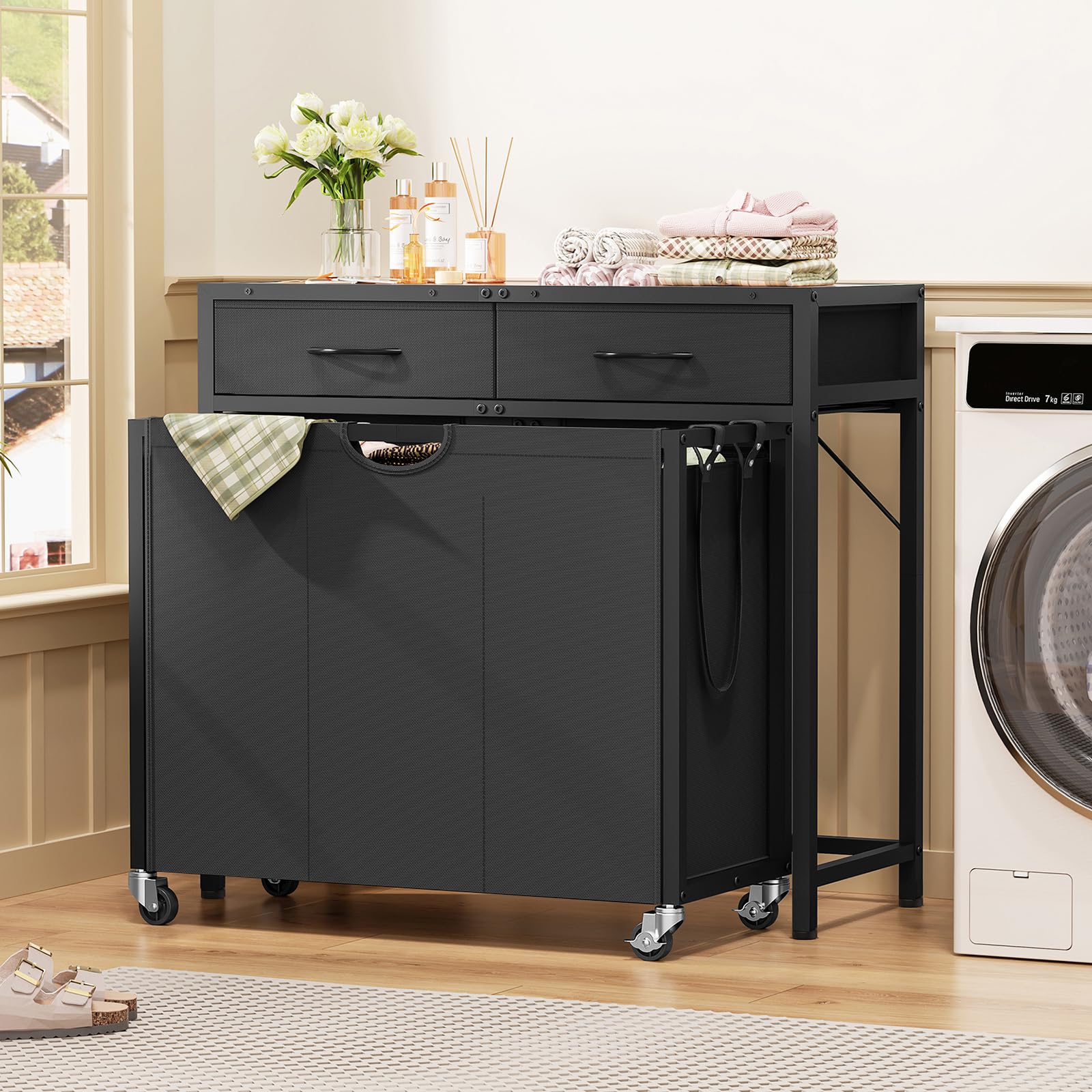 Laundry Sorter, Rolling Laundry Hamper with 3 Section Pull-Out Bags, Laundry Basket