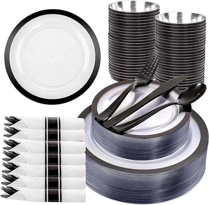 350PCS Blue Plastic Plates - Clear with Blue Trim for 50Guests