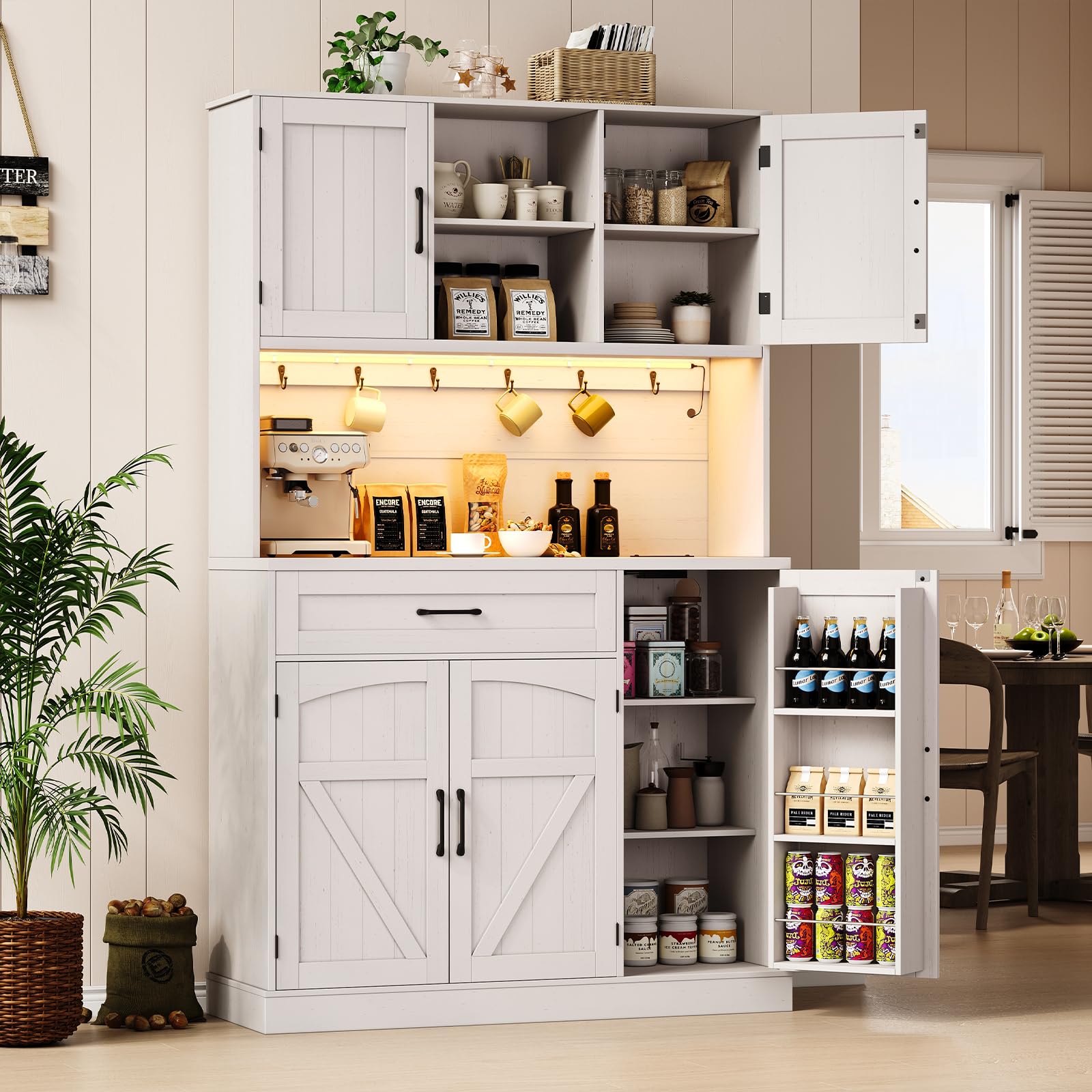 71" Pantry Cabinet, Kitchen Pantry Storage Cabinet with LED Light & Outlet, Kitchen Hutch