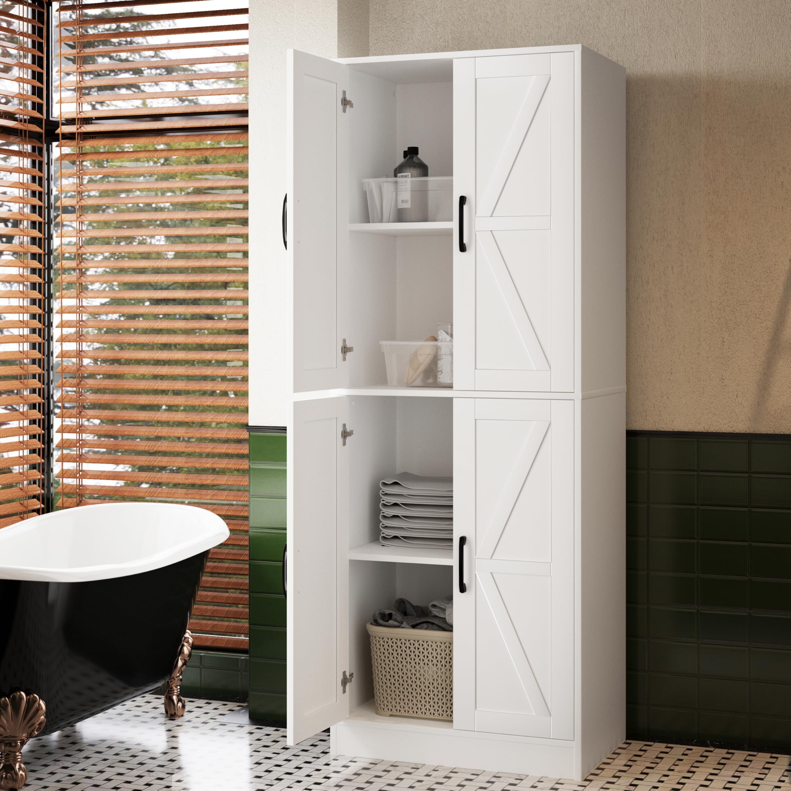 Farmhouse Storage Cabinet - Pantry with 4 Doors, Tall Kitchen Pantry with Adjustable