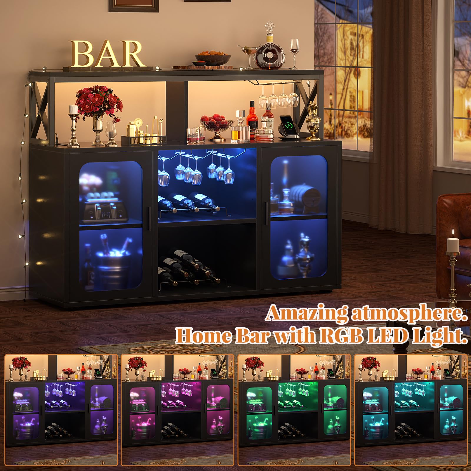Bar Cabinet with Power Outlets, Liquor Cabinet with Led Lights and Glass Holder