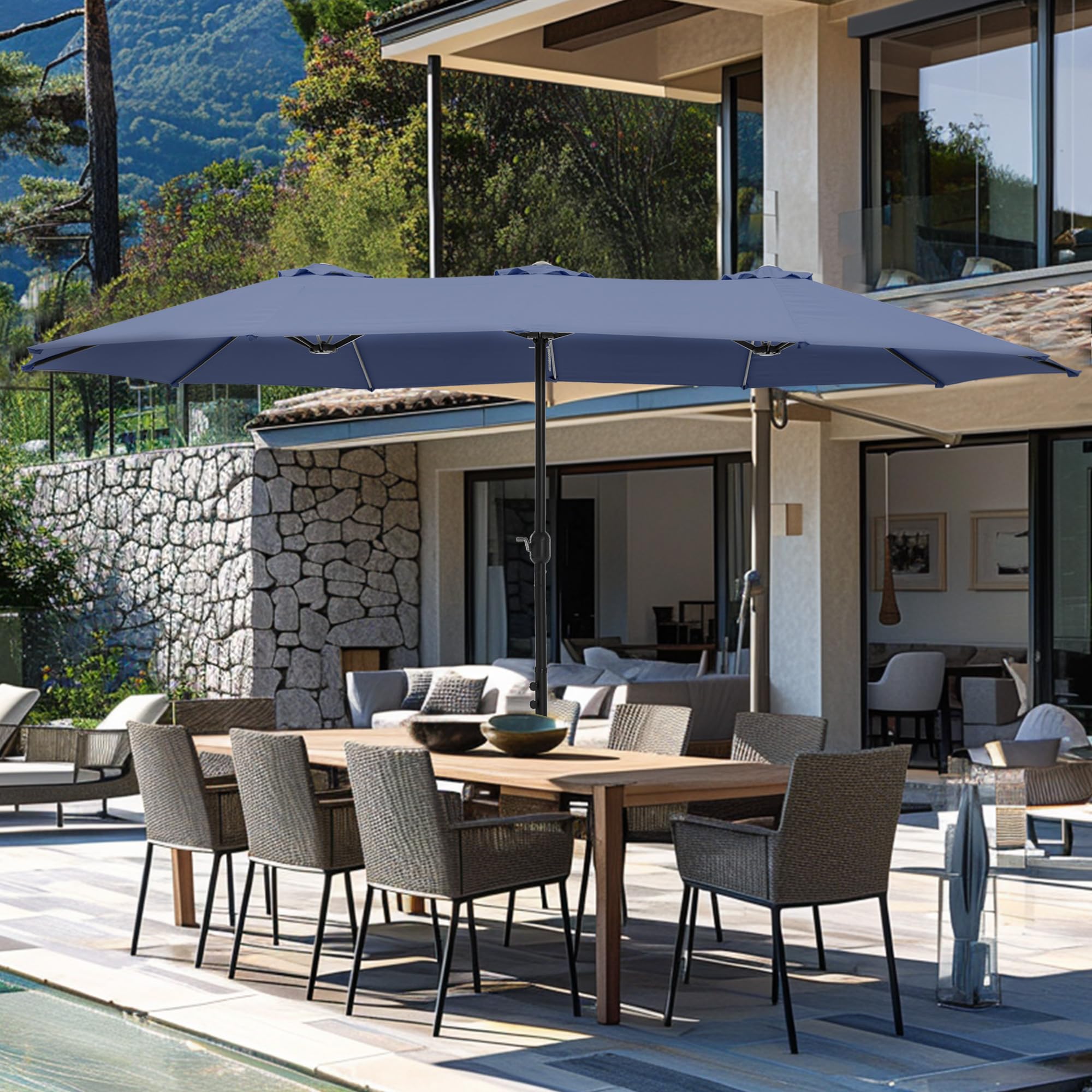 15 ft Rectangle Patio Umbrella with Base Included, Double-Sided Table Umbrella with Crank