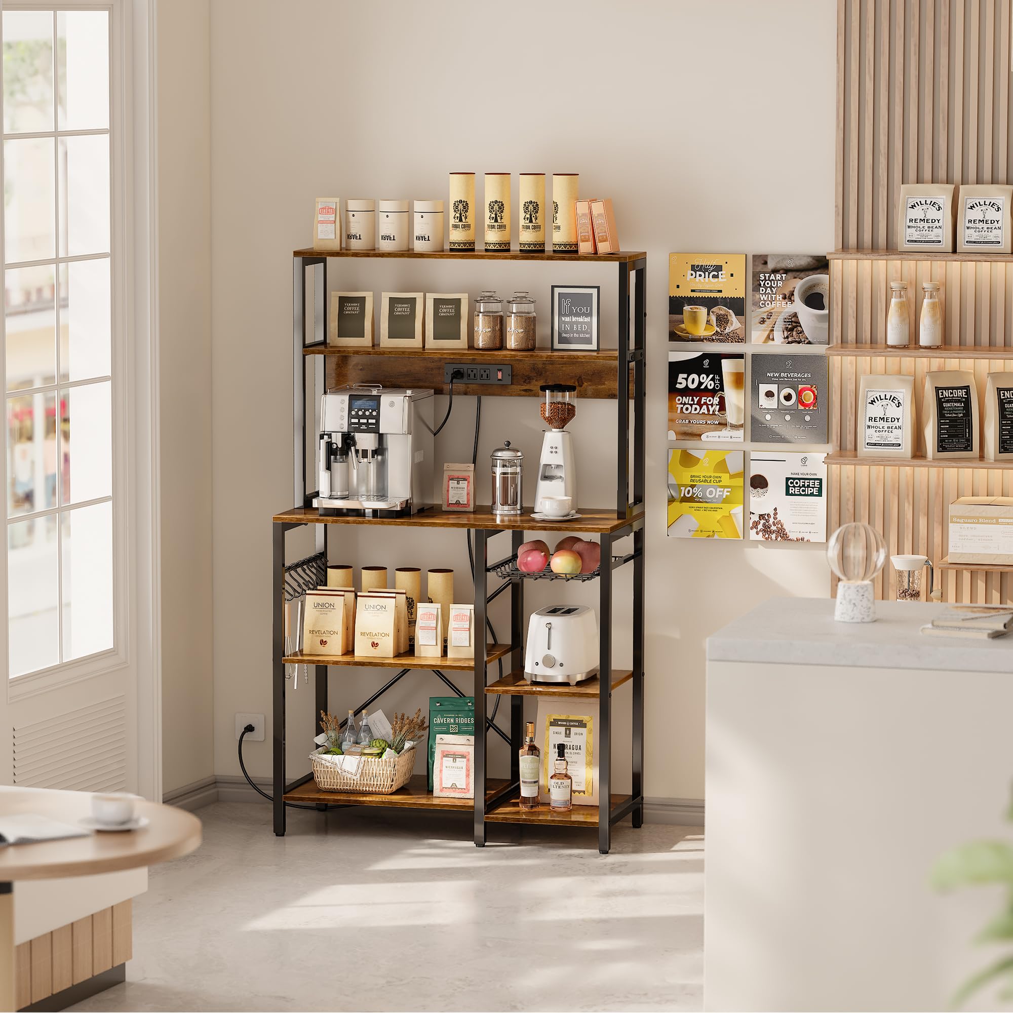 Bakers Rack with Power Outlet, 35.4 Inches Coffee Bar with Wire Basket
