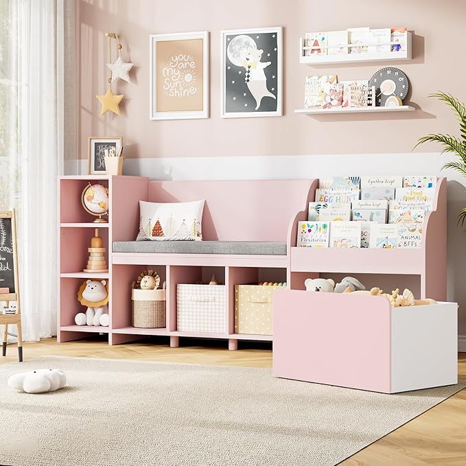 67" Kids Reading Nook with Bench, Kids Bookshelf and Bookcase