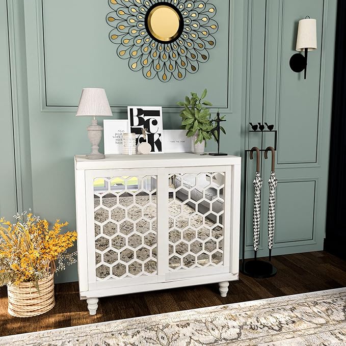 Accent Cabinet with Doors and Shelf, Rustic Boho Decorative Buffet Sideboard
