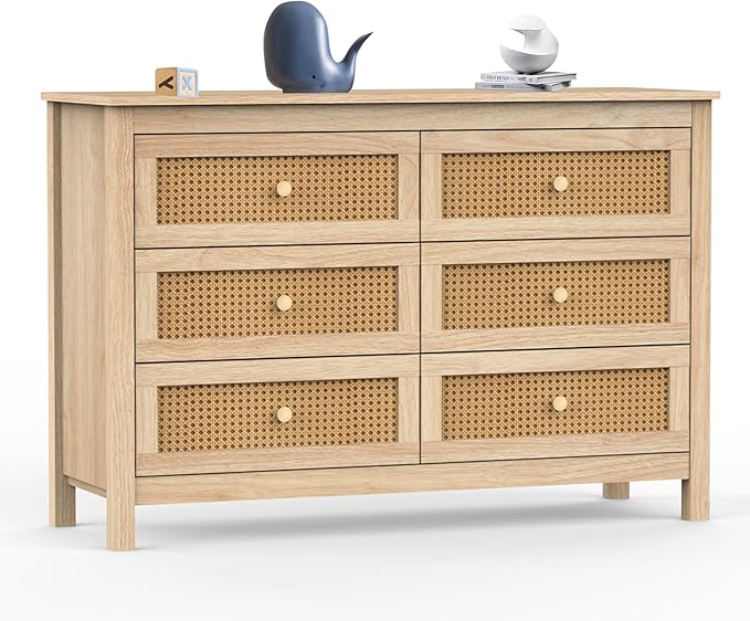 Rattan Dresser for Bedroom, Boho 5 Drawer Dresser with Rattan Drawers