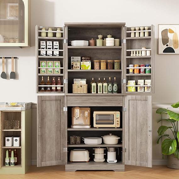 Kitchen Pantry Cabinet, Freestanding Farmhouse Storage Cabinet with 8 Door Shelves