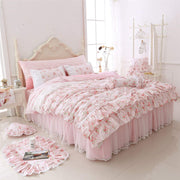 Romantic Roses Print Duvet Cover Set with Bed Skirt Pink Lace Ruffle Floral Shabby
