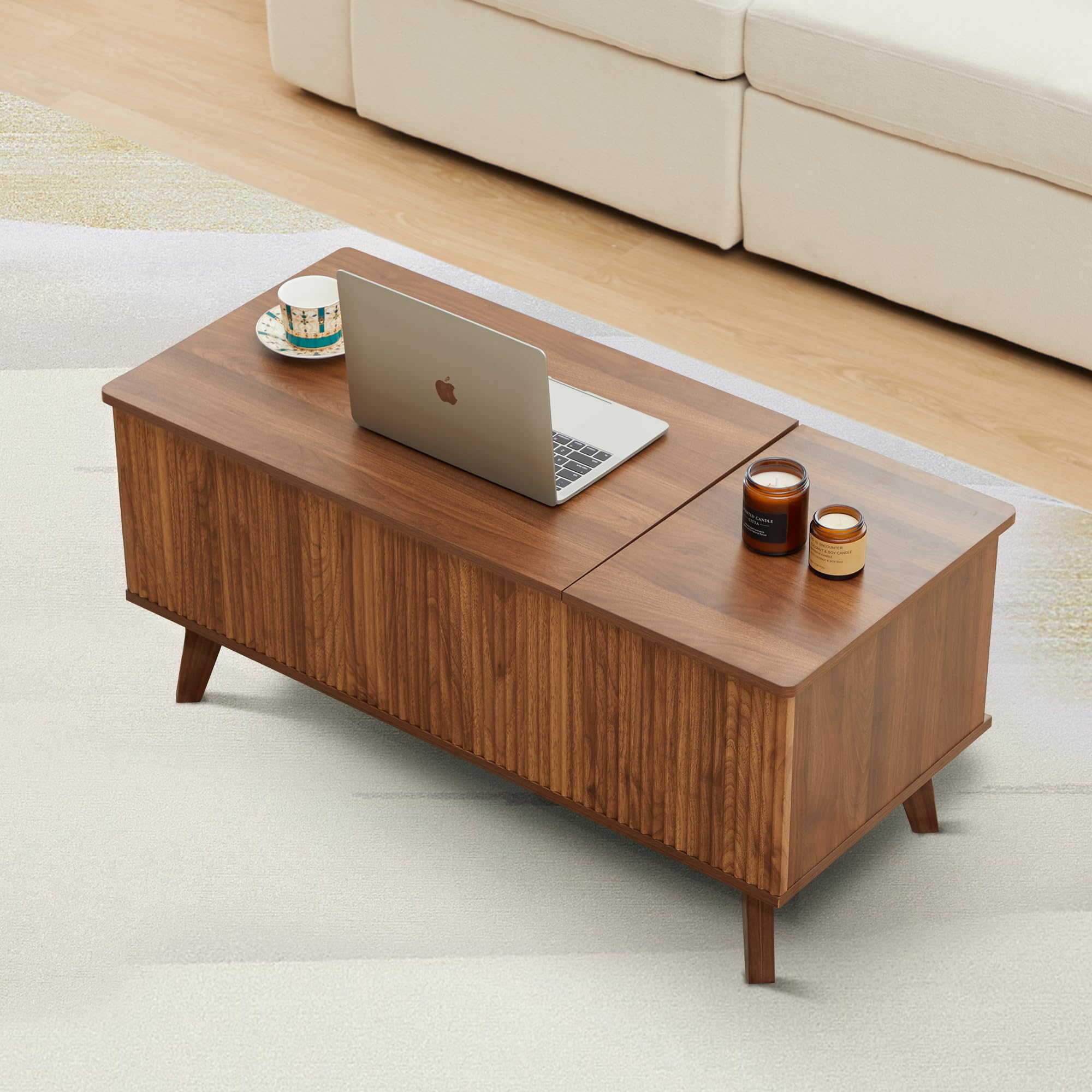 Wooden Fluted Lift Top Coffee Table with Hidden Compartment, Modern Rectangle Center