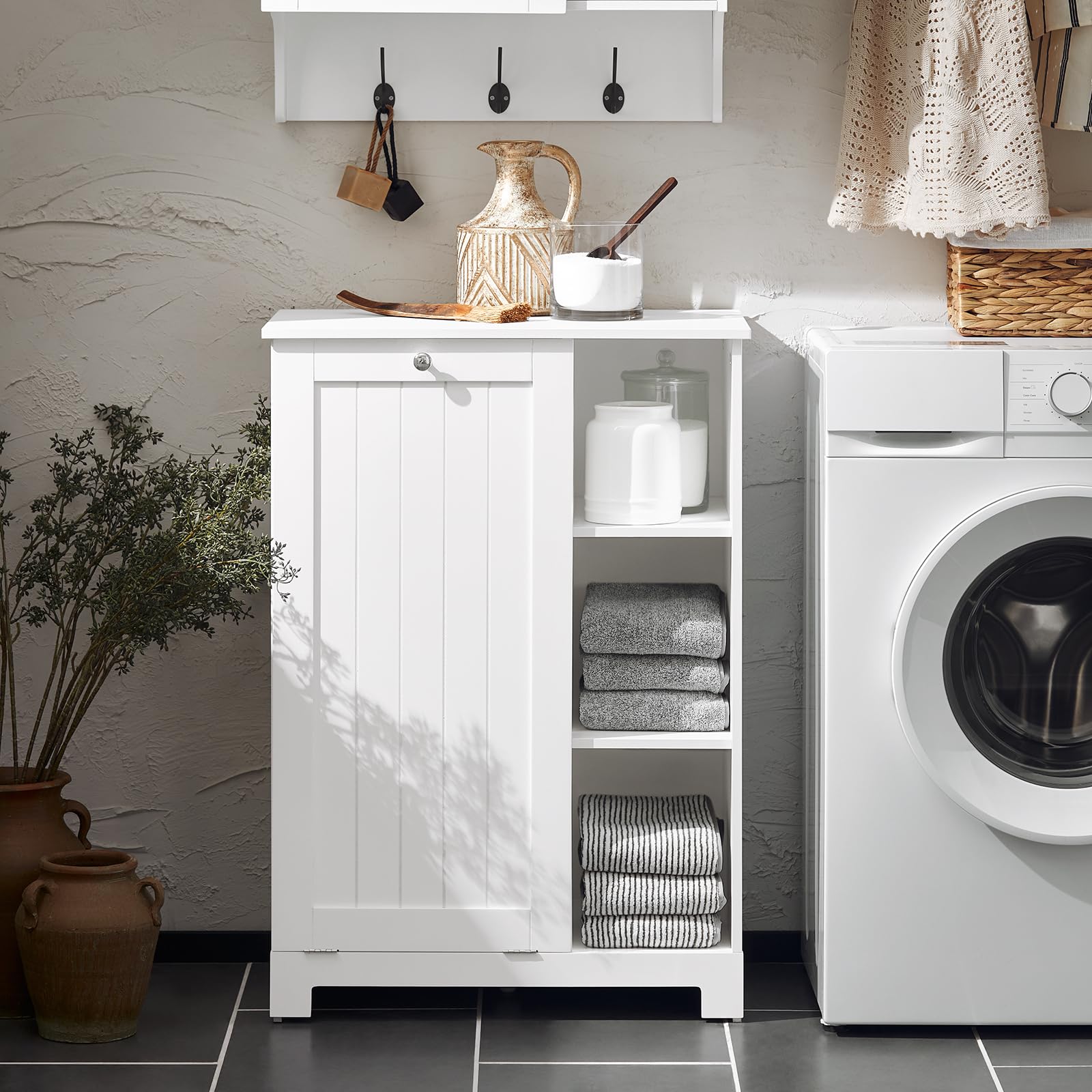 Tilt Out Laundry Cabinet, Floor Standing Storage Cupboard with Basket Hamper Unit