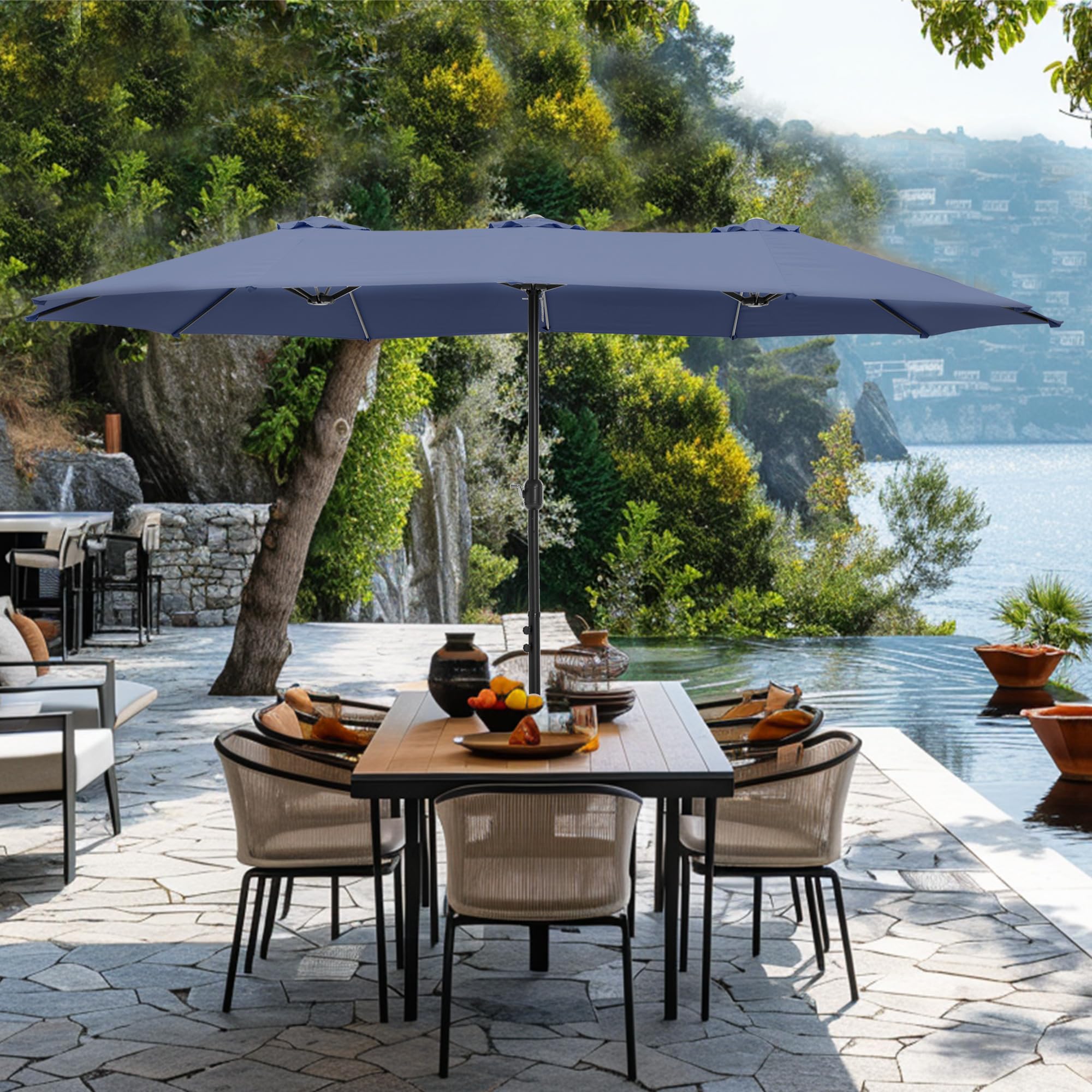 15 ft Rectangle Patio Umbrella with Base Included, Double-Sided Table Umbrella with Crank