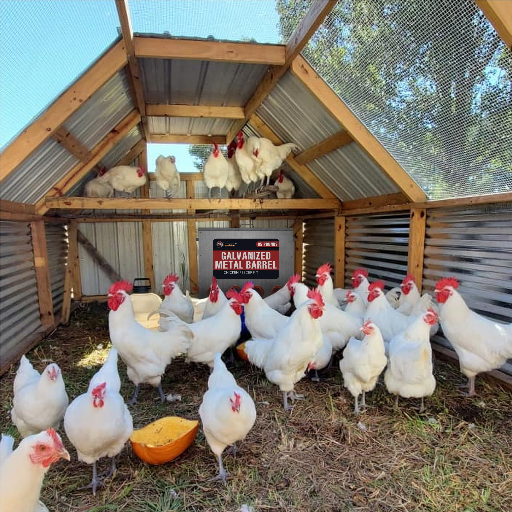 Large Capacity 85lbs Automatic Metal Poultry Feeder Set, Chicken Galvanized Trough