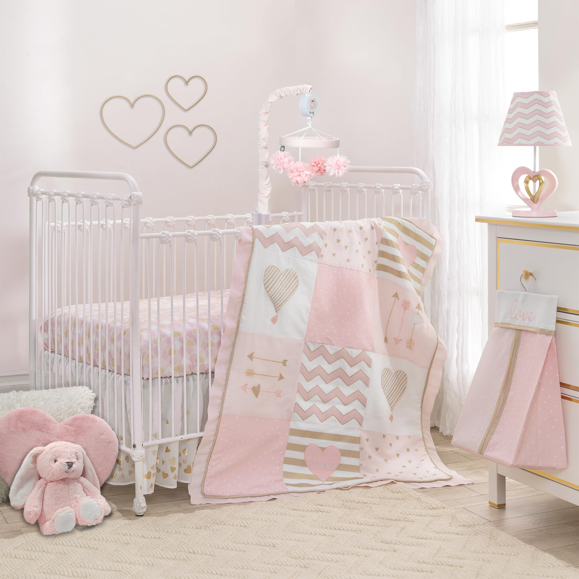 Love Pink/Gold Girl Heart 4 Piece Crib Bedding Set