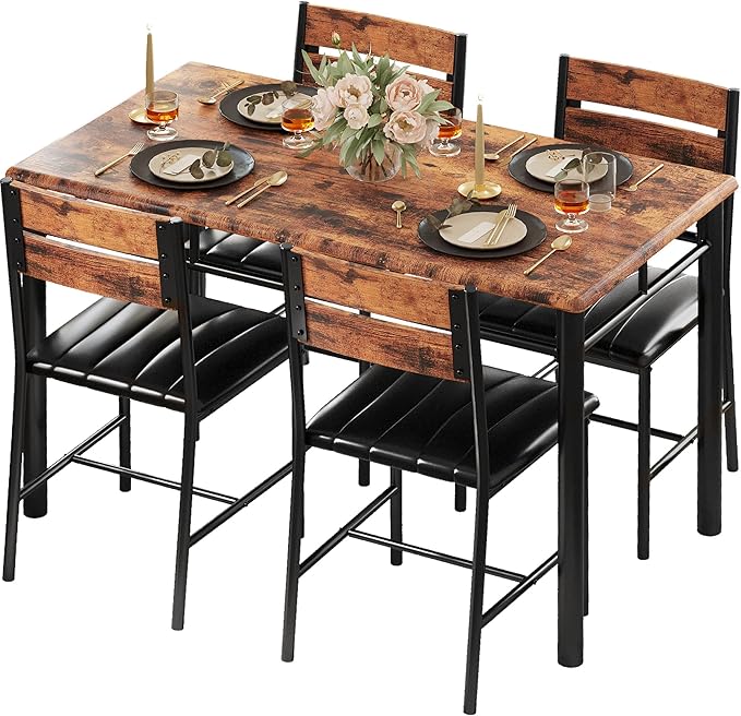 Dining Table Set for 4, Wood Kitchen Table with Upholstered Chairs for Kitchen