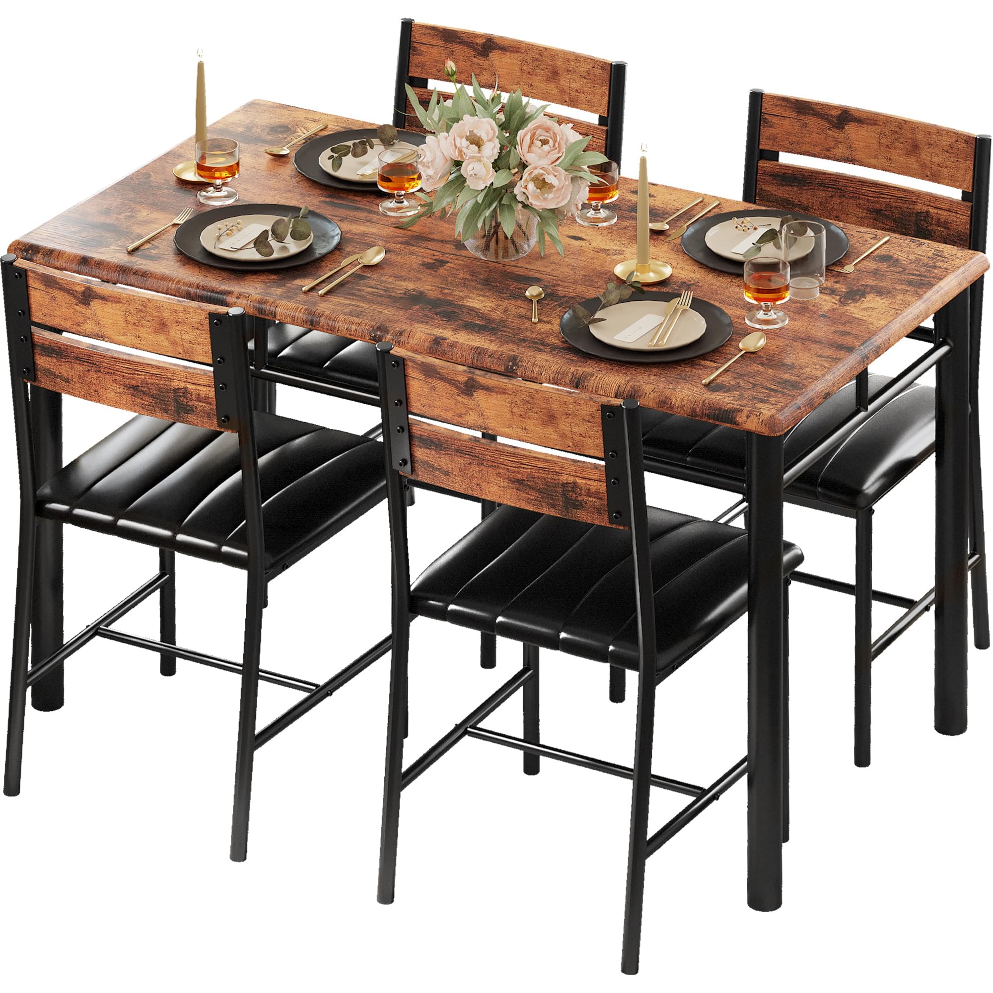 Dining Table Set for 4, Wood Kitchen Table with Upholstered Chairs for Kitchen
