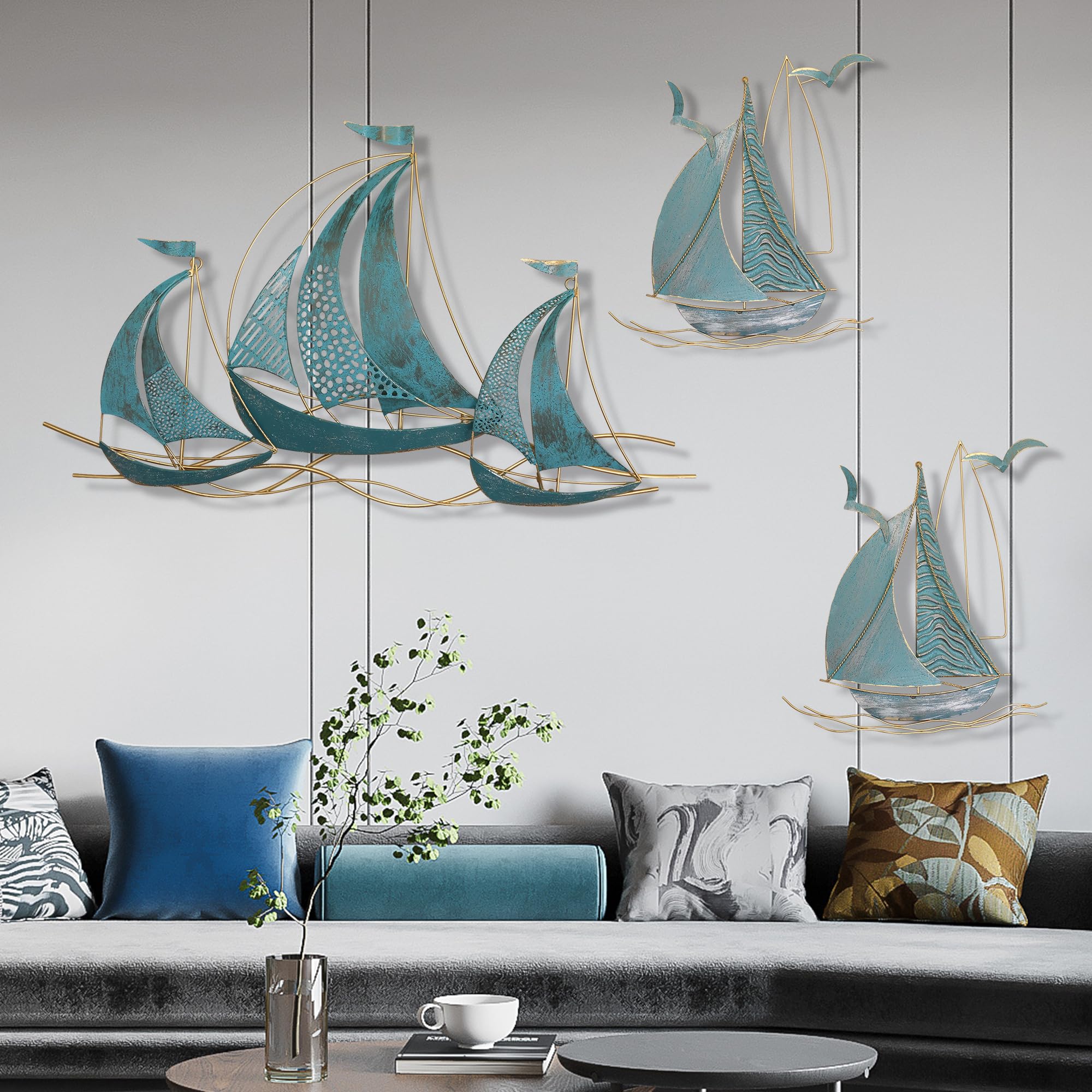3 PCS Metal Wall Art Large Metal Sailboat Wall Decor, Metal Ship Wall Decorations