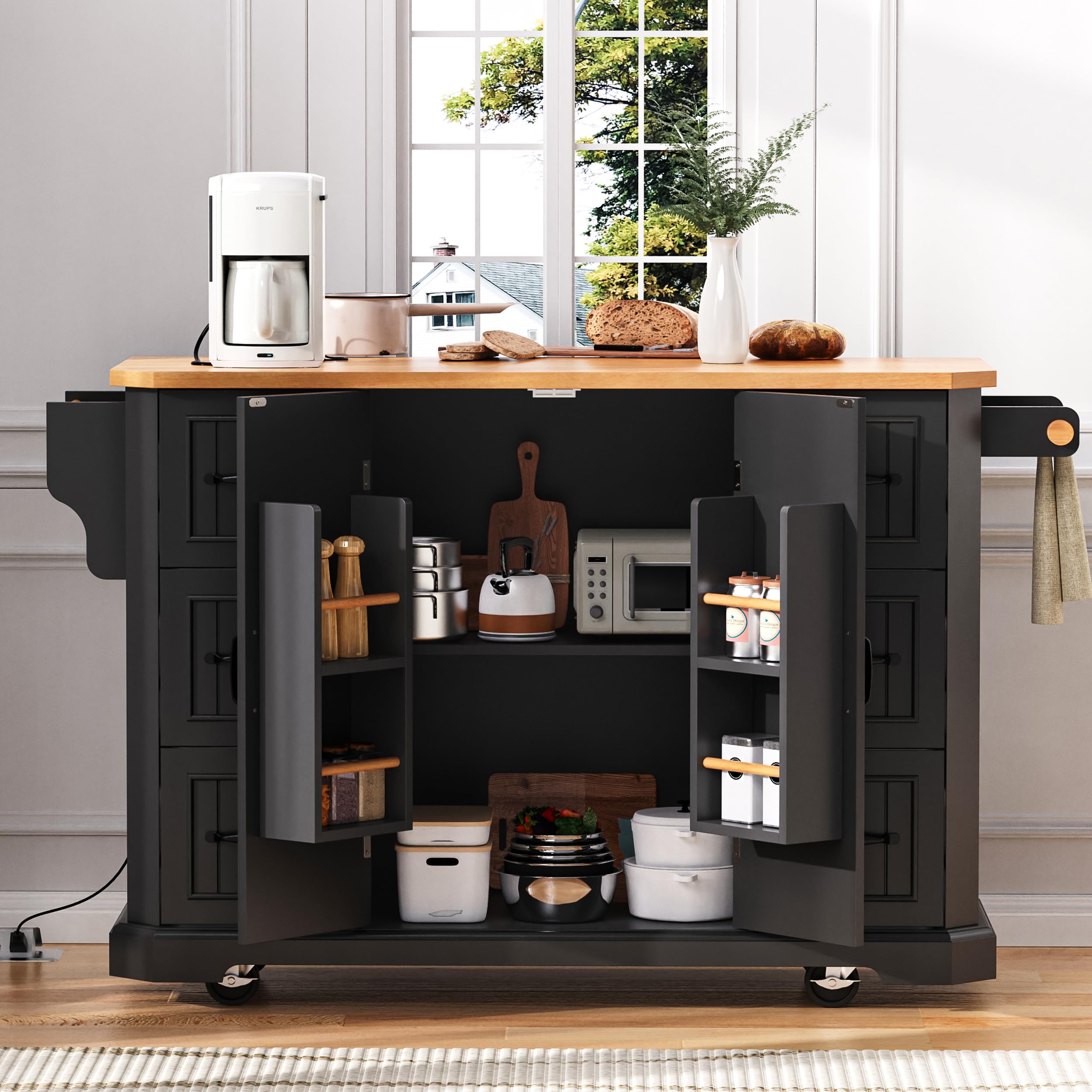 Farmhouse Kitchen Island with Drop Leaf & Power Outlet,56" Folding Kitchen Table with 6 Drawers and 4 Shelves,Rolling Kitchen Cart with Beveled Edges,Dining Island Table with Towel Rack (Black-2)