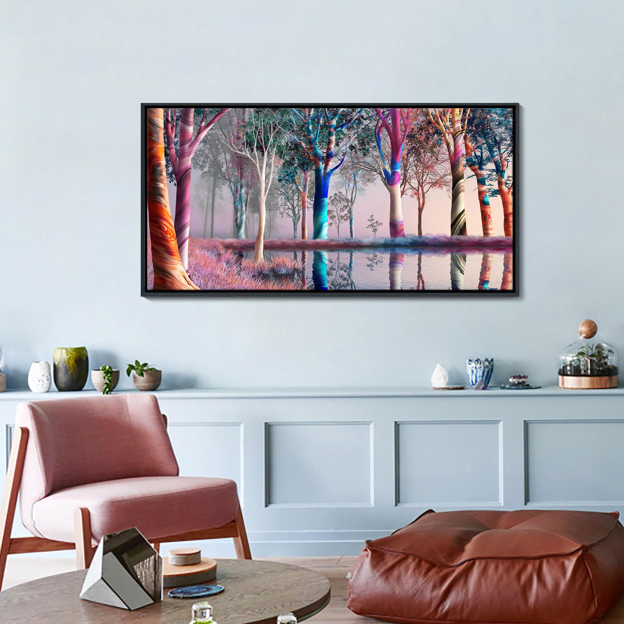 Canvas Wall Art - Fantasy Wooded Wild Lakes Red Pink Room Decor Rainbow Artwork Framed Picture for Living Room Bedroom Paintings Decoration