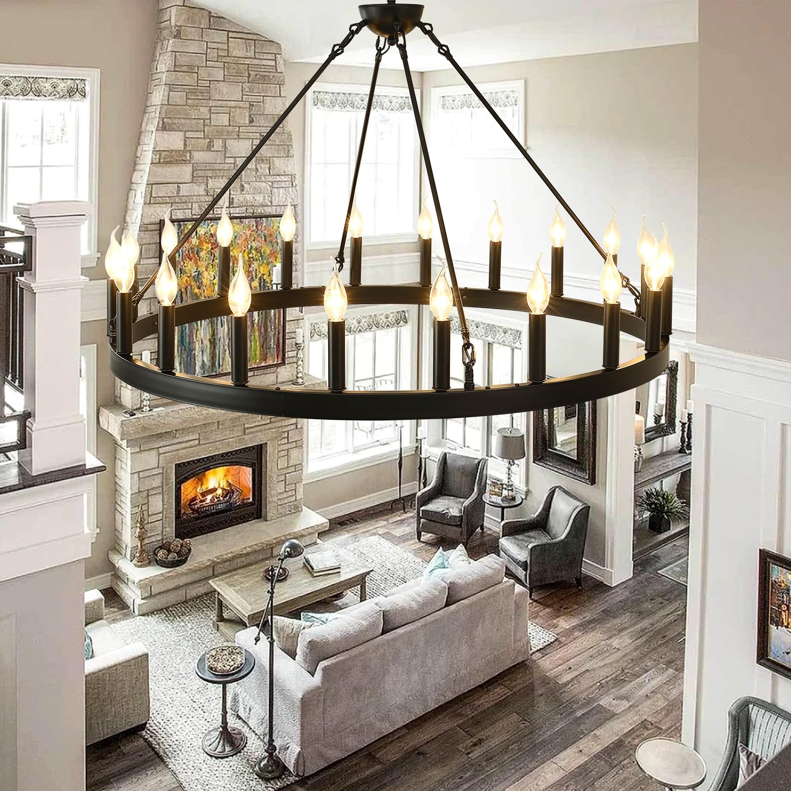 Black Wagon Wheel Chandelier 40 inch,20-Light Farmhouse Wagon Wheel