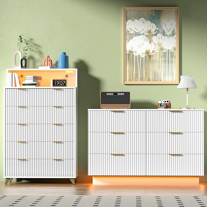 Fluted Dresser with 5 Drawers,51" Tall Dressers for Bedroom with LED,Chest of Drawers